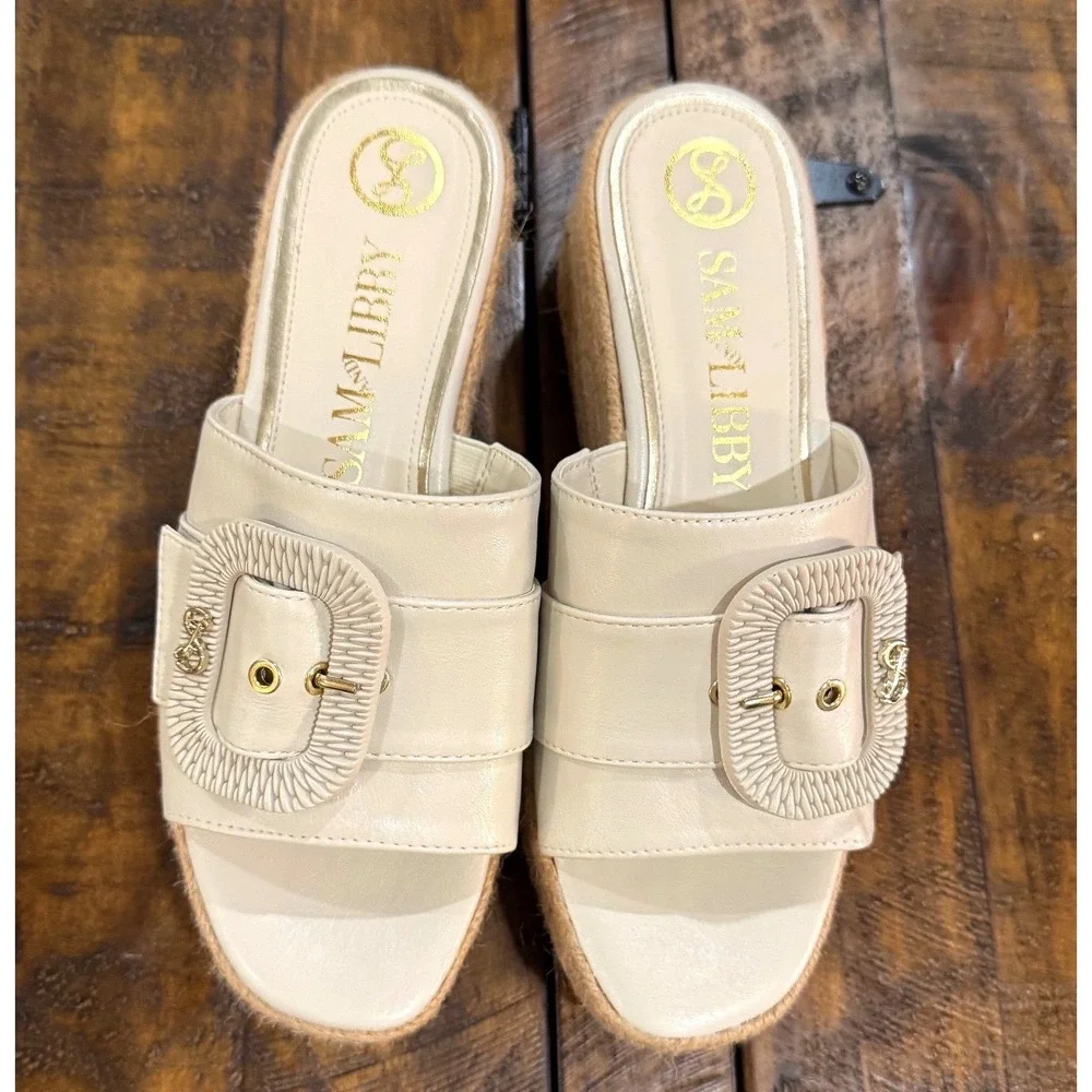 Sam & Libby Platform Espadrille Sandals Womens 8.5 Cream Buckle‎ Wedge
